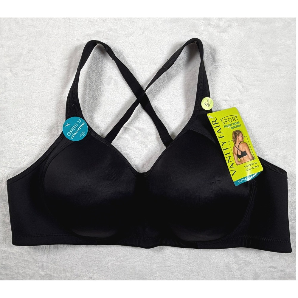 Vanity Fair Sport Medium Impact Bra 42B Black Convertible 71500 NEW